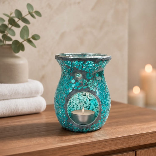 Aqua Mosaic Crackle Glass Tealight Burner
